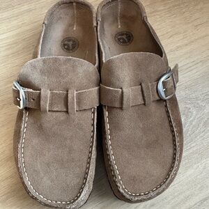 Birkenstock Tan Suede Clogs with Buckle
